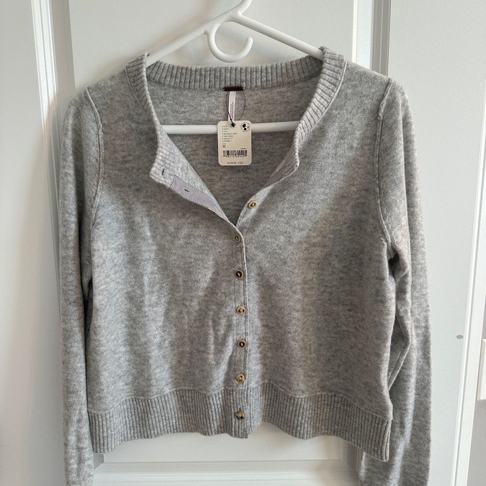Free People Light Gray Button-Front Knit Cardigan